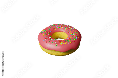 Pink Glazed Donut with Sprinkles Isolated on White Background. 3D rendering