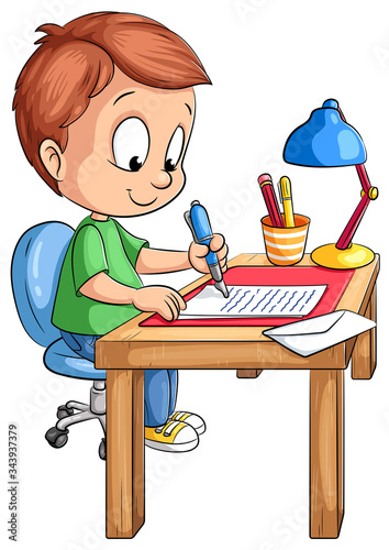 Junge am Schreibtisch schreibt einen Brief - Vektor-Illustration