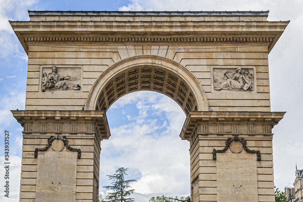 Architectural fragment of Guillaume Gate (Porte Guillaume, XVIII century), neo classical triumphal arch, erected in honor of Prince de Conde, governor of Burgundy. Dijon, France.