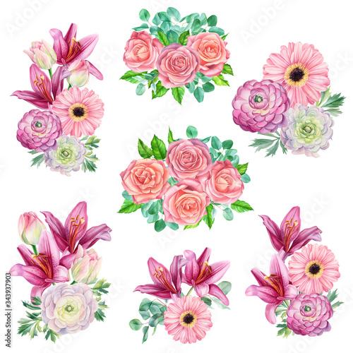Summer bouquets of roses, lilies, daisy, tulip, ranunculus, leaves eucalyptus, isolated background, watercolor drawings