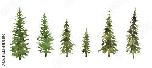 Cute watercolor set of green pine trees for Christmas and New Year decoration. Tree silhouettes illustrations isolated on white background. Can be used for design textile, print, wallpaper.