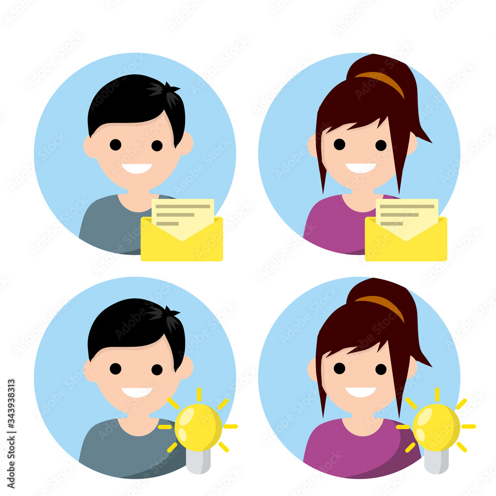Set of avatars of man in circle for social network. Conception of idea and light bulb. Guy and young boy. Human head. Delivery of letters and messages. Yellow envelope icon Set of avatars of man in circle for social network. Conception of idea and light bulb. Guy and young boy. Human head. Delivery of letters and messages. Yellow envelope icon