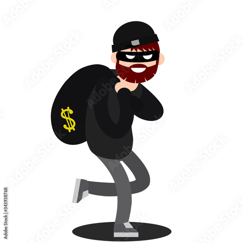 Thief with bag of money. Problem of urban economic security. Cartoon flat illustration. Bank robbery. Funny criminal man in black mask
