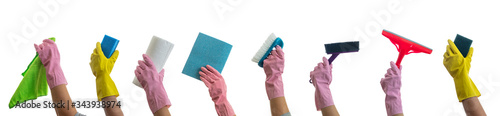 Photos Cleaning accessories on gloved hands isolated against white background