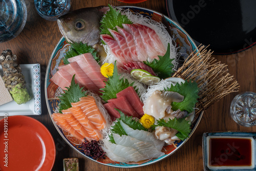 authentic japanese sashimi platter with sake