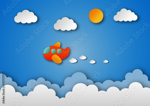 airplane flying on sky. paper art travel background. vector Illustration.