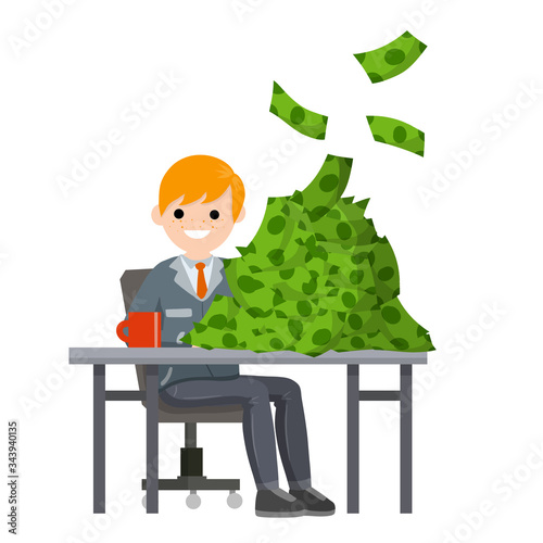 Businessman and lot of money. Office employee, salary and bonus. Rich and successful man sits at table. Green pile of banknotes. Cartoon flat illustration