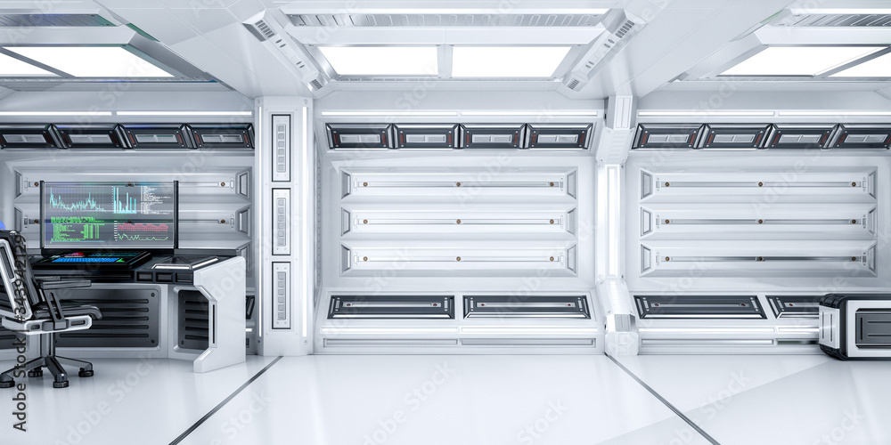 Empty Futuristic Sci-Fi Room with Open Space and Working Computer, 3d Rendering Empty Futuristic Sci-Fi Room with Open Space and Working Computer, 3d Rendering