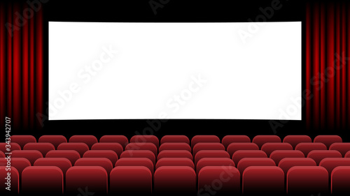 Cinema movie theater with blank screen and red seat, vector illustration