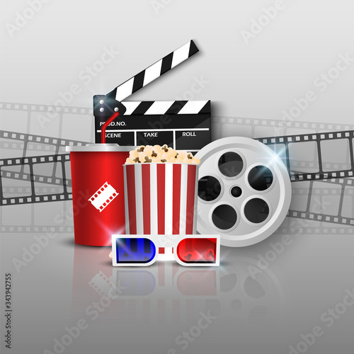 Cinema background concept, movie theater object on grey  background, vector illustration