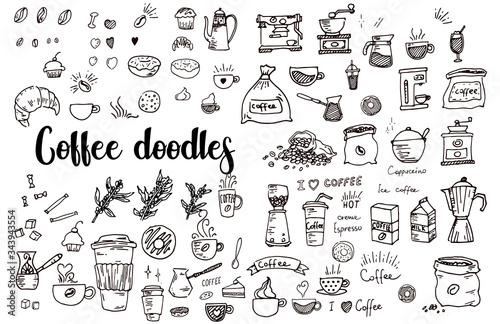 Set of doodles, hand drawn rough simple sketches, various kinds of coffee, ingredients and devices for coffee making. Vector isolated on white background for cafe menu, fliers, chalkboard