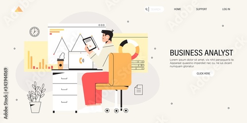 Business analyst analyzes market, organization or domain on laptop and search solutions and strategies during financial and economic crisis to avoid bankruptcy and ways of company business recovery.