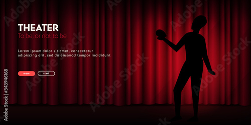 Theater banner with silhouette of actor and curtain on the background.