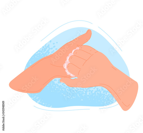 Washing hands instruction, vector illustration. Right way to avoid viruses and germ. Use clean water and soap, foam for disinfection hands, body, health sanitary. Phased disinfecting procedure.