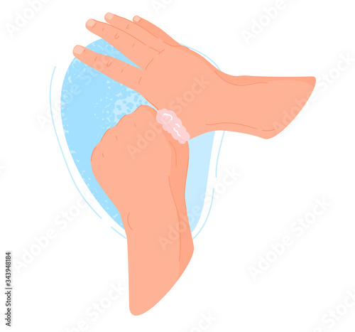 Washing hands instruction, vector illustration. Right way to avoid viruses and germ. Use clean water and soap, foam for disinfection hands, body, health sanitary. Phased disinfecting procedure.