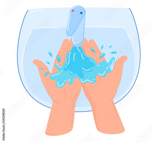 Washing hands instruction, vector illustration. Right way to avoid viruses and germ. Use clean water and soap, foam for disinfection hands, body, health sanitary. Phased disinfecting procedure.