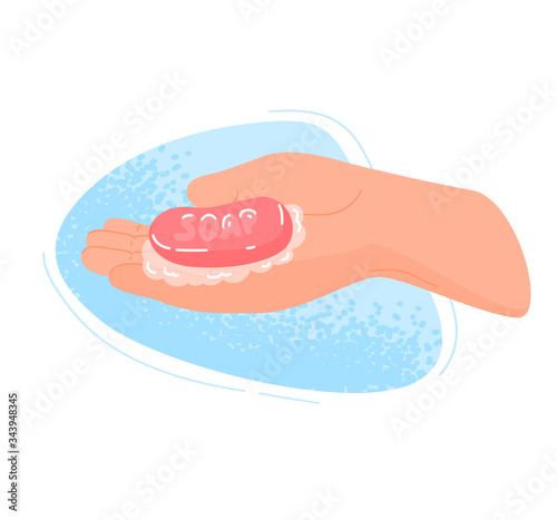 Washing hands instruction, vector illustration. Right way to avoid viruses and germ. Use clean water and soap, foam for disinfection hands, body, health sanitary. Phased disinfecting procedure.