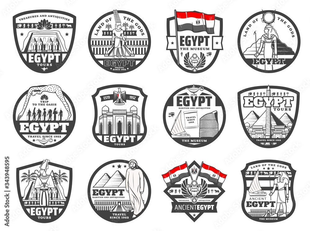 Egypt travel, culture and Cairo ancient landmarks, travel agency and city tours vector icons. Giza pyramids sightseeing tours. Ancient Egypt Gods, pyramids treasure museum and antiquity souvenirs shop