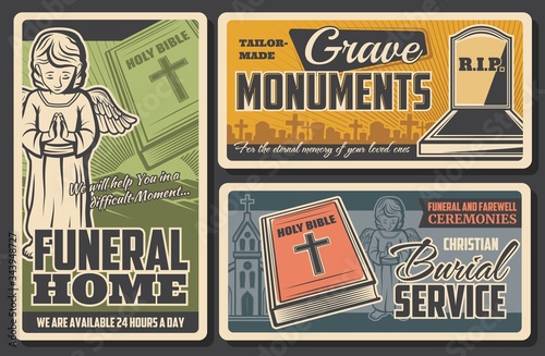 Funeral and burial agency service, vector vintage posters for farewell ceremonies and funerals. Crave monuments and tombstones shop, Christian church memorial mess, bible and angel with RIP ribbon