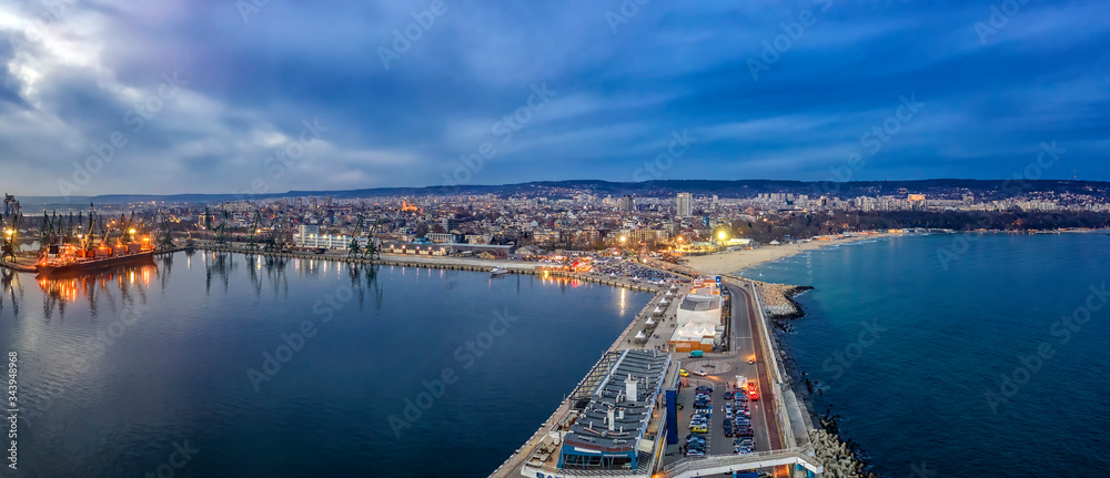 Amazing aerial panorama from city port and Varna city, Bulgaria. - obrazy, fototapety, plakaty 