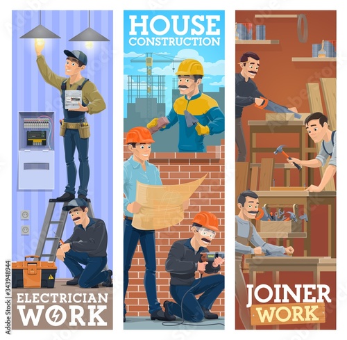 Builder at masonry brickwork, woodwork joiner and electrician worker professions and work tools, vector banners. Electricity technician repair, house construction and renovation carpentry service