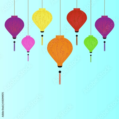 decorative traditional vietnamese colorful lanterns (violet, pink, yellow, orange, green and red) background