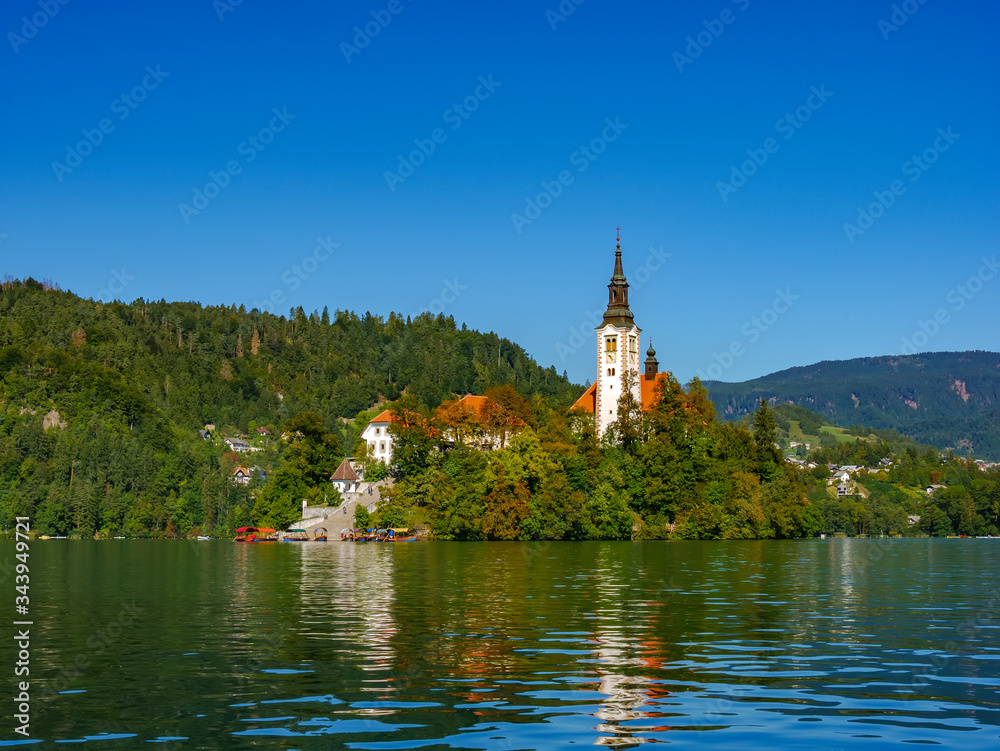 View on the Pilgrimage Church of the Assumption of Maria on the Lake Bled.