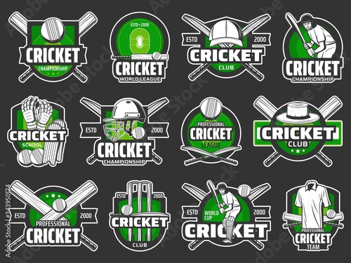 Cricket club badges and sport team emblems, league championship cup, vector icons. Cricket sport player equipment bats and balls signs for professional game tournament