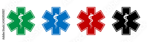 Emergency medical symbol. Vector isolated medical signs icons with snake. Medical star symbols. Star of life signs.