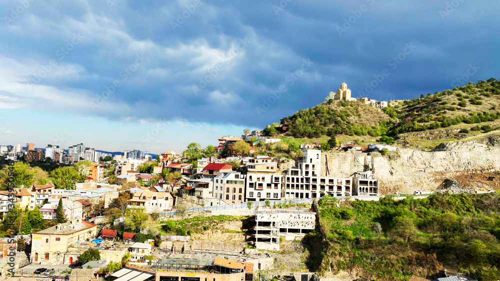 TBILISI, GEORGIA  APRIL 19, 2020:  Beautiful aerial view of the old part of city   in Tbilisi, Georgia