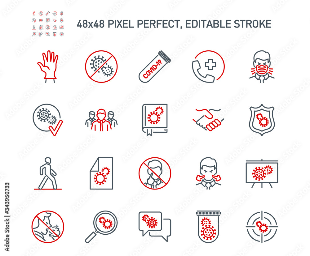 Simple Set of Coronavirus Protection Related Vector Line Icons. Contains such Icons as Protective Measures, Coronavirus Symptoms, Incubation Period and more. Editable Stroke. 48x48 Pixel Perfect.