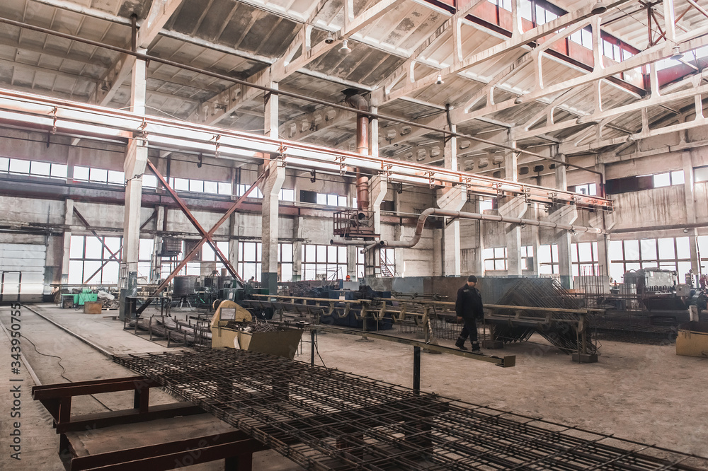 Belarus, Minsk region - March 03, 2020: Reinforcing workshop, production background, industrial zone, construction site