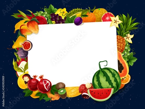 Fototapeta Naklejka Na Ścianę i Meble -  Exotic fruits and berries, vector paper note blank template. Frame of farm garden and tropical fruits harvest papaya, banana and orange, watermelon, kiwi and pomegranate, grapes, plum and figs