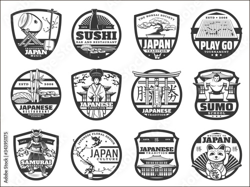 Welcome to Japan, vector icons, Japanese culture, tradition, food and famous landmarks. Tokyo sushi restaurant sign, cherry blossom and sumo school, bonsai and Japanese drum music, samurai and geisha