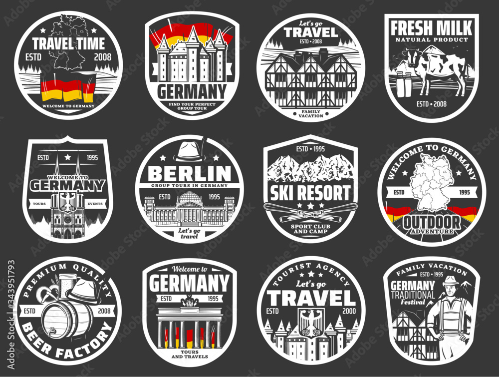 Obraz premium Welcome to Germany, travel agency city tours vector icons. Berlin landmarks and famous architecture, Oktoberfest beer festival, Bavarian ski resort and family vacation camping club