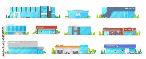 Auto center, car service and automotive mechanic station buildings, vector flat icons. Modern buildings of vehicle tires and spare parts shop, automotive restoration and diagnostics garage workshops