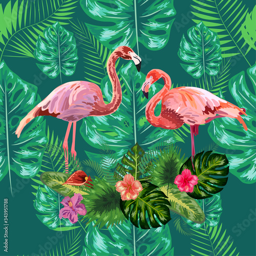 Bright green tropical jungle rainforest palm tree leaves. Pink exotic flamingo wading birds couple. Seamless pattern texture