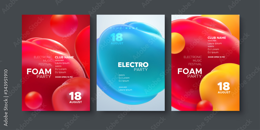 Electronic music festival ads poster set. Modern club party invitation. Vector illustration with 3d abstract spheres. Dynamic colorful soft balls. Dance music event cover. Brochure template