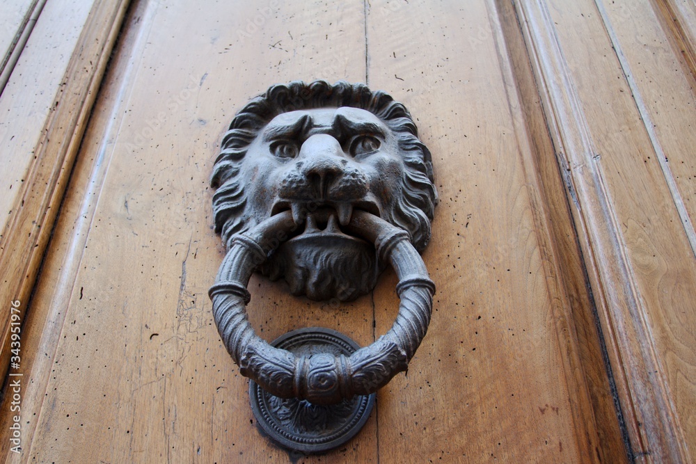 Obraz premium Koładka na drzwiach, rzeźba lwa - Florencja, Toskania, Włochy 