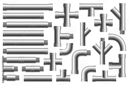 Set of details pipes different types collection. Stainless steel, metallic pipes, plumbing fittings. Water, fuel or gas supply system, oil refinery industry pipeline