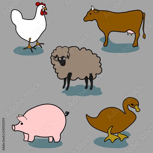 chicken sheep cow pig duck simple to edit pattern hand drown