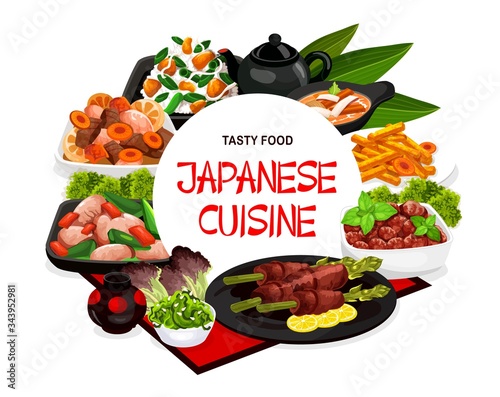 Japanese cuisine food and authentic dishes, vector restaurant menu cover. Japanese traditional chicken meat tory sasami, vinegar potatoes and minced cutlets, lightly fried iridori chicken and tempura