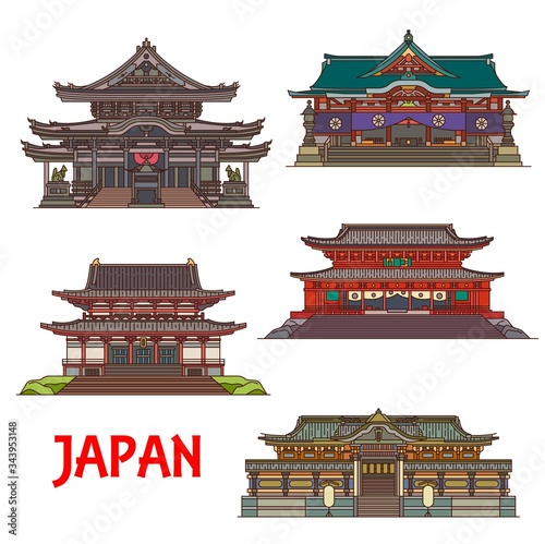 Japanese Buddhist temples and shrines, Japan architecture landmarks and famous pagoda buildings, vector icons. Tendai temple in Nikko city, Zojo-ji, Toyokawa Inari, Tosho-gu and Hie-jinja Shrine