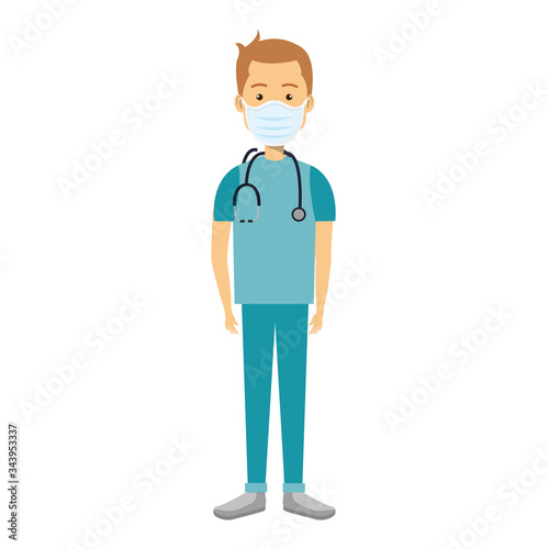 male paramedic using face mask with stethoscope vector illustration design