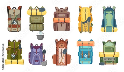 Backpack, rucksack and travel bag with tourist equipment icons of hiking, camping, tourism and outdoor adventure vector design. Backpacks with camp gears, mats, sleeping bags and knives, axes, spades