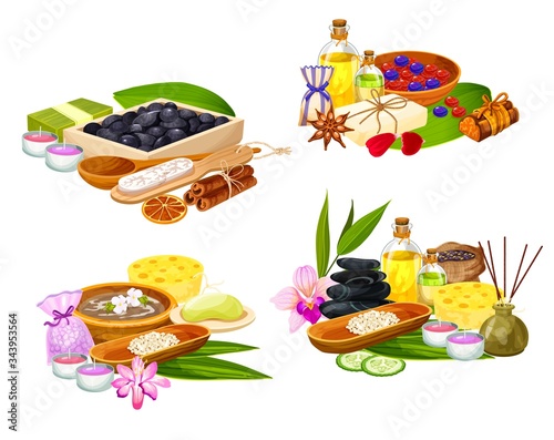 SPA salon, massage and body care wellness bathing, vector items. Thai oriental spa essential oils, aromatherapy candles, massage stones and herbal therapy treatments, bamboo sponge, palm leaf and soap