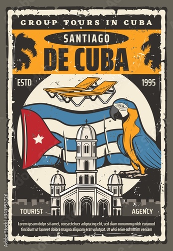 Cuba travel, vector retro vintage poster, Havana landmarks and Santiago city sightseeing tours. Welcome to Cuba paradise beach, capitol architecture, flag and map, palms and parrots