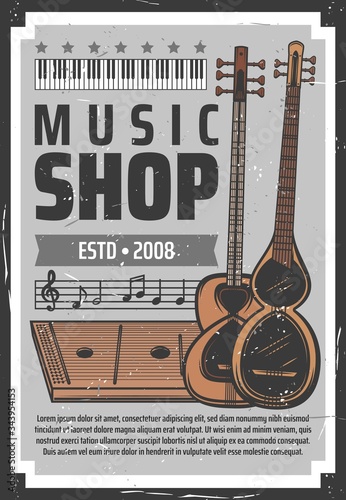 Music instruments shop, vector vintage retro poster with notes stave. Classical piano or synthesizer, folk guitars and professional musician equipment store for live acoustic concert band