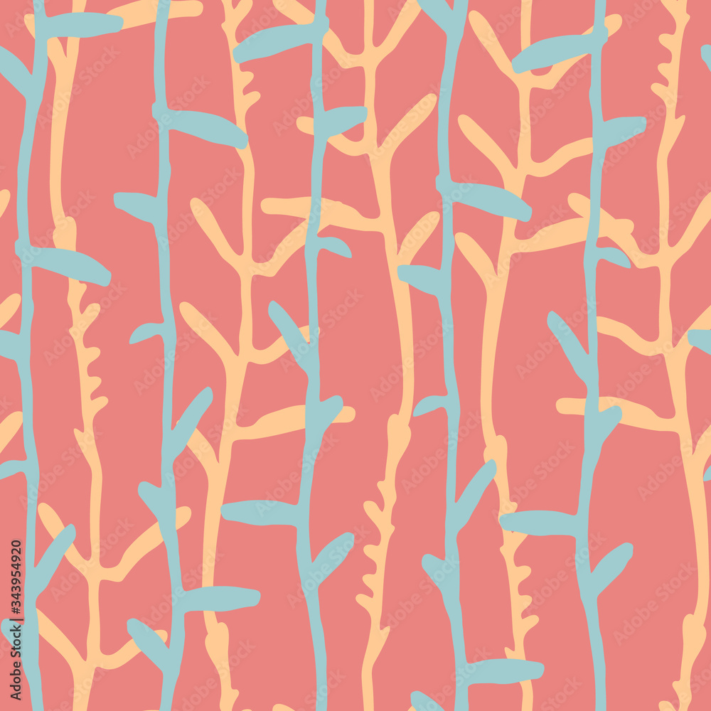 Seamless pattern with pinstripes of hand drawn herbs for surface design, textile, fashion industry and other design projects. Coral color background
