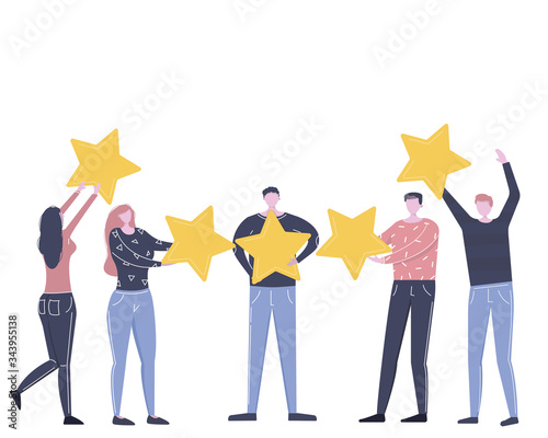 Customer review rating. Rank rating stars feedback. Different People give rating and feedback. The best estimate of performance, the score of five stars Vector flat cartoon illustration for web